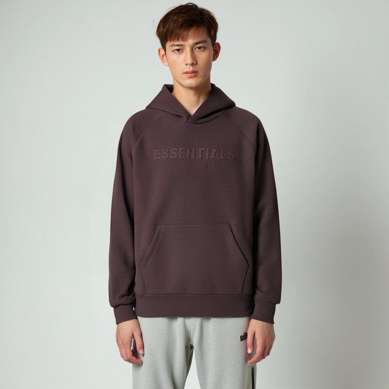 Fear of God Essentials SS23 Waffle Raglan Hoodie Plum Logo