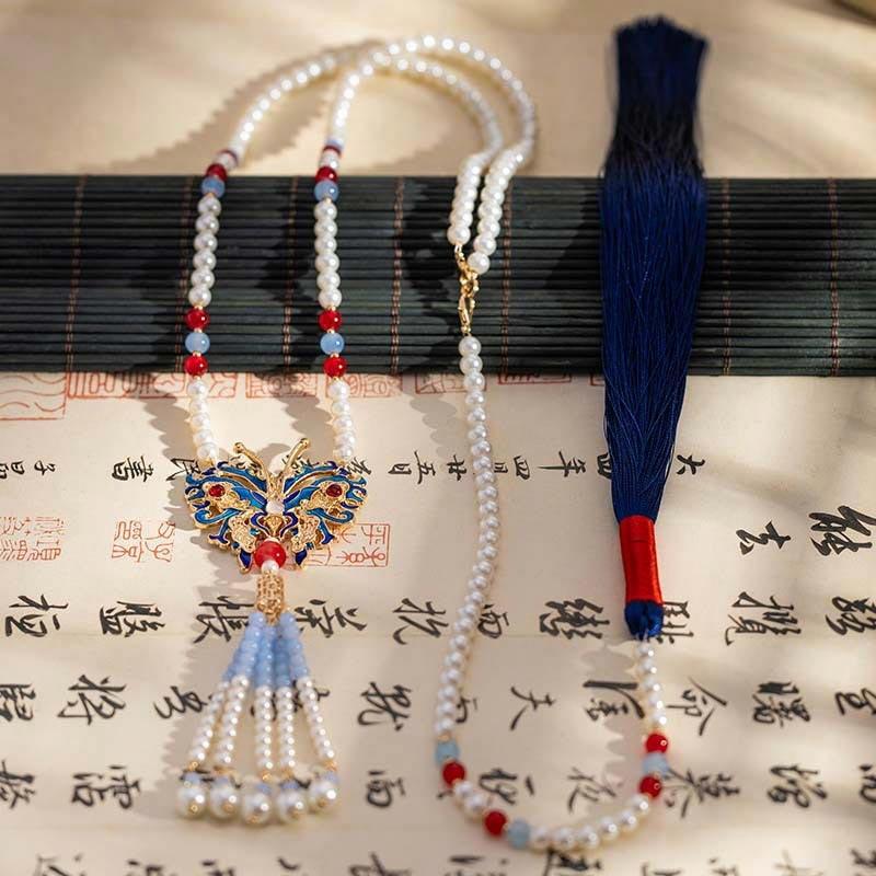 克拉日记 贝珠珍珠涤纶蓝色复古国风蝴蝶长流苏背云璎珞汉服马面裙古风饰品招财健康平安#好运 合金 项链 女款