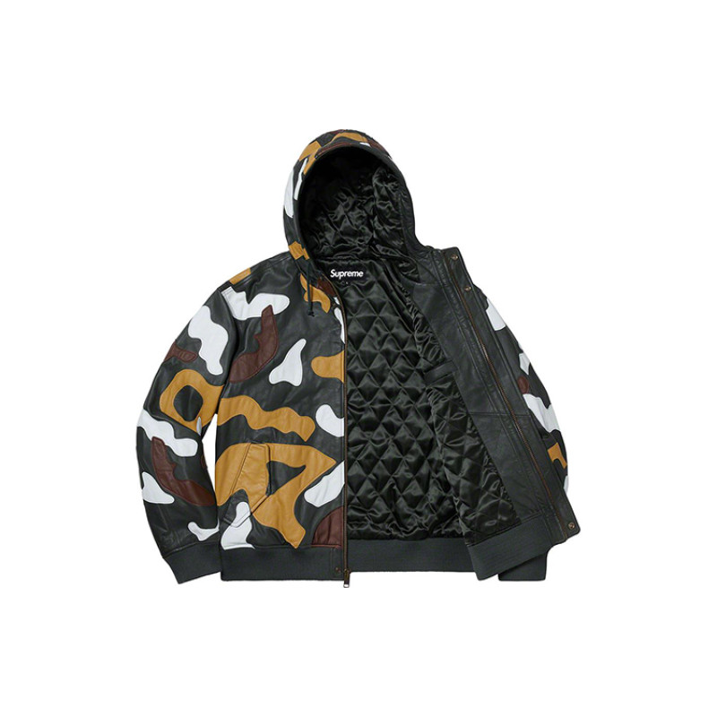 Supreme FW19 Week 12 Camo Leather Hooded Jacket Green Camo