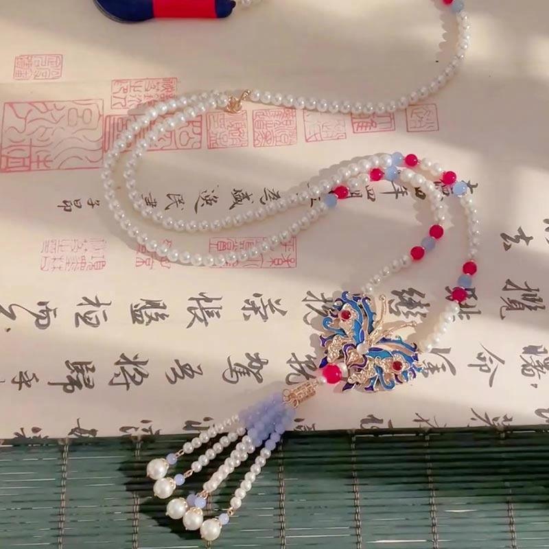 克拉日记 贝珠珍珠涤纶蓝色复古国风蝴蝶长流苏背云璎珞汉服马面裙古风饰品招财健康平安#好运 合金 项链 女款