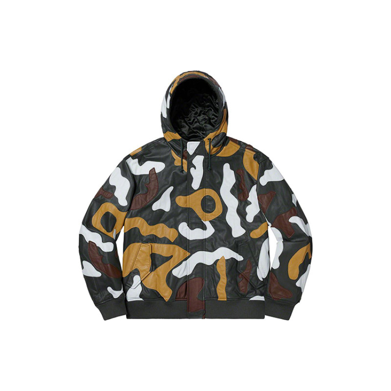 Supreme FW19 Week 12 Camo Leather Hooded Jacket Green Camo